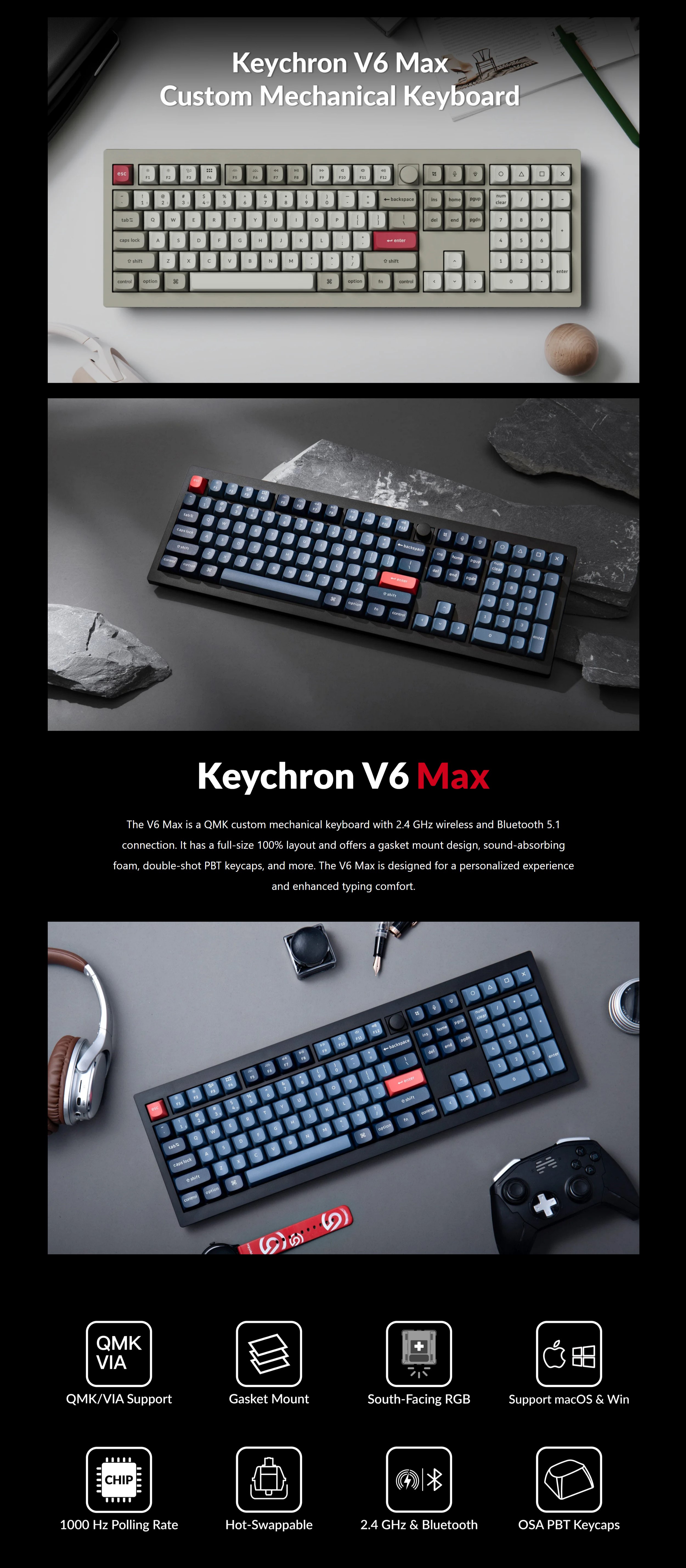 A large marketing image providing additional information about the product Keychron V6 Max - Fullsize QMK/VIA Wireless Custom Mechanical Keyboard - Retro Grey (Gateron Jupiter Red Switch) - Additional alt info not provided